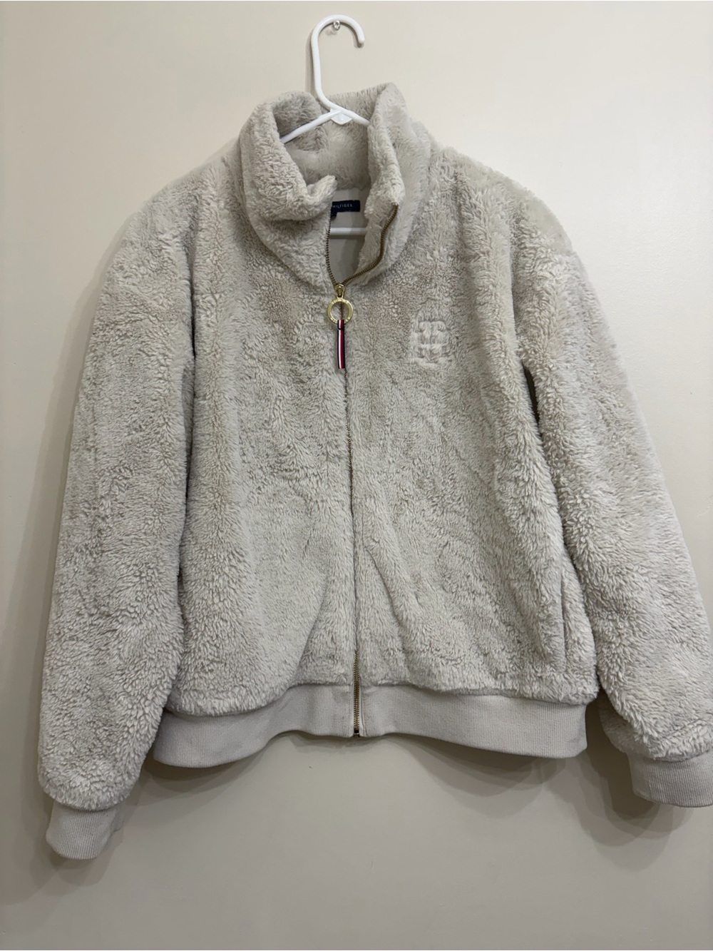 Tommy Hilfiger Cream Teddy Jacket with Gold Zip Pull